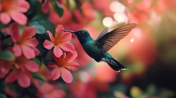 A hovering hummingbird drinks nectar from brightly colored pink flowers photo