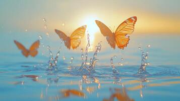 Butterflies emerging from water with sunshine and a serene background photo