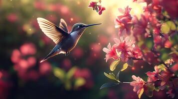 A hummingbird hovers near blooming flowers in a serene garden setting photo