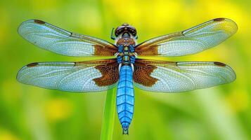 A detailed macro image of a stunning colorful dragonfly specimen photo