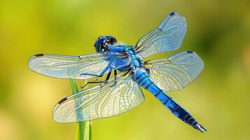 A stunning macro shot of a beautiful blue dragonfly photo
