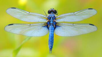 A beautiful blue dragonfly with spread wings against the soft background photo