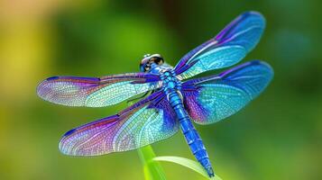 A vibrant blue dragonfly is perched on a green blade of grass photo