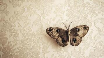 A large brown butterfly resting against an embossed patterned wall photo