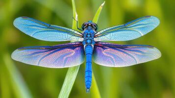 A vibrant blue dragonfly resting on a blade of green grass photo