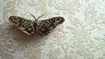 A large moth rests on an ornate textured wallpaper design photo