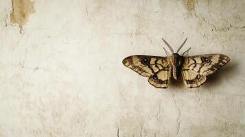 A large moth with striking patterns is sitting on a wall photo