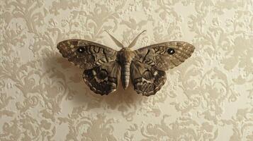 A large moth is perched on a patterned textured wall photo
