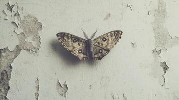 An interesting moth resting upon a dilapidated weathered wall surface photo