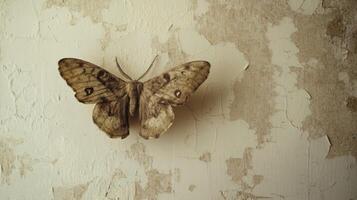 A moth rests on a peeling wall with distressed paint details photo