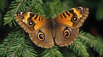 A brown butterfly is sitting on a pine tree branch photo