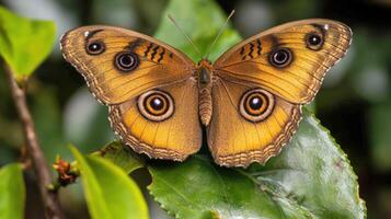 A beautiful butterfly with eye markings resting on green leaves photo
