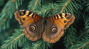 A brown butterfly sits on a pine tree branch photo