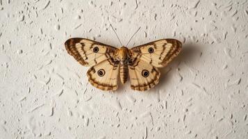 A moth with patterned wings resting on a textured surface photo