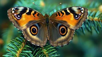 A beautiful butterfly rests perfectly on a green plant branch photo