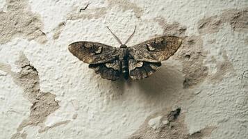A moth with patterned wings rests on a textured wall surface photo