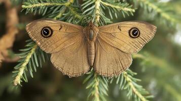 A brown butterfly with eye spots resting on evergreen foliage photo
