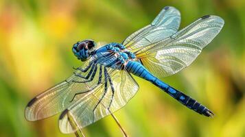 A detailed macro photograph shows a beautiful blue dragonfly in focus photo
