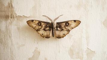 A large moth is resting on a textured and stained wall photo