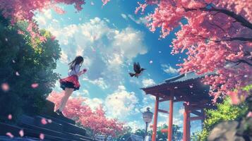 A girl stands below cherry blossoms in a beautiful landscape photo