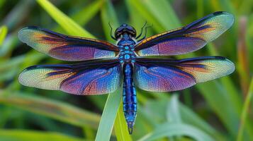 A vividly colored dragonfly resting on blurred green foliage is visible photo