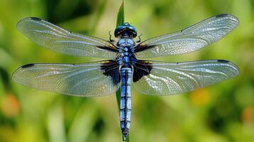 A close up photograph of a beautiful blue dragonfly resting photo