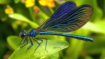 A beautiful dragonfly resting on a green leaf with colorful wings photo
