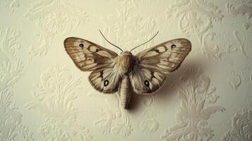 A beautiful moth sits still upon a textured background surface photo