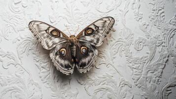 A detailed view of a butterfly on a decorative white surface photo