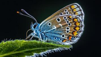 A detailed close up of a beautiful butterfly on a leaf photo