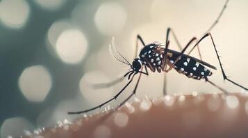 A detailed macro photograph of a mosquito feeding on skin photo