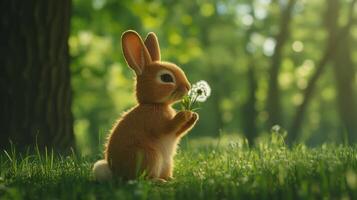 A cute rabbit holds a dandelion in a vibrant forest scene photo