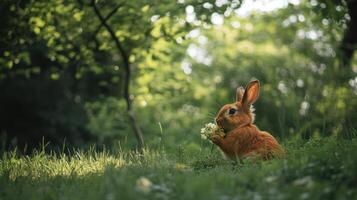 A cute fluffy rabbit holding flowers in a lush green meadow photo
