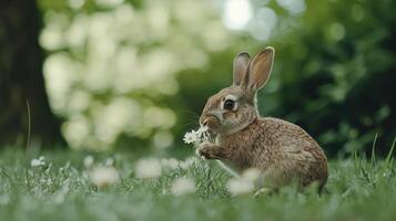 A Cute Rabbit Is Eating Flowers In A Green Meadow photo