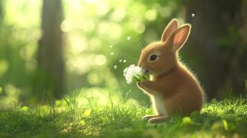 A cute rabbit blowing dandelion seeds in a lush green meadow photo