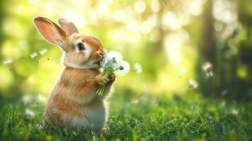 A cute rabbit eating dandelion flowers in a sunny meadow photo
