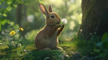 An adorable rabbit eats a dandelion flower in a sunny meadow photo