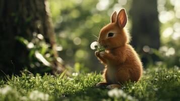 A Cute Little Bunny Rabbit Holding a Dandelion Flower photo