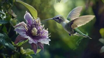 A Hummingbird Approaches a Purple Flower in a Lush Garden photo