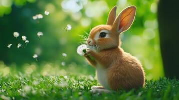 A cute rabbit enjoying a dandelion flower in green grass photo