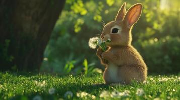 A fluffy brown bunny rabbit holding flowers in a sunny meadow photo
