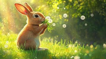 A fluffy brown rabbit eating grass in a sunlit meadow photo