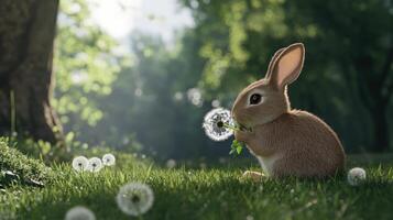 A fluffy brown rabbit enjoys eating a dandelion in a green meadow photo