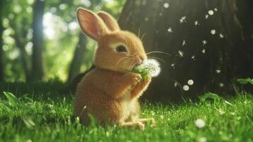 A cute bunny eating a dandelion in a green forest photo