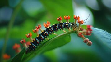 A colorful caterpillar crawls on a green plant with some small flowers photo