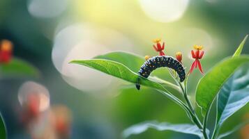 A black and orange caterpillar is crawling on a green leaf photo