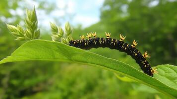A black caterpillar with yellow spikes crawls on a green leaf photo