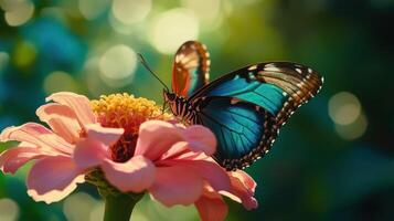 A beautiful butterfly rests on a vibrant pink flower in sunlight photo