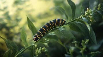 A colorful caterpillar is crawling on green leafy foliage photo
