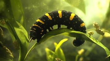 A colorful caterpillar crawls on a green leaf and foliage photo